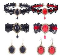 ZappelStift 6-Piece Gothic Lace Mask Accessories Set, Gothic Vintage Lolita Jewellry Set, Crystal Pendant Necklaces Vampire Necklaces, for Themed Parties, Cosplay, Renaissance Fairs, Dark Fashion