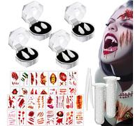 ZappelStift 8 Pairs Vampire Fangs, 4 Size Fangs, 30 Halloween Tattoos, 2 Tube Solid Adhesive for Halloween Costume, Party Favors Vampire Accessories, Cosplay