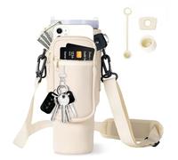 ZAPZEAL Water Bottle Carrier Bag with Phone Pocket Pouch Shoulder Strap and Silicone Spill Proof Stopper Set of 3, Compatible for Stanley 40Oz Tumbler Cup Accessories (Cream)