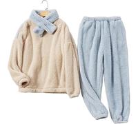 ZAPZEAL Women Pajamas Long Sleeve with Scarf Fuzzy Plush Fleece Pajamas Set Comfy Soft Warm Cosy 2 Piece Loungewear Nightwear Pullover Top Long Bottoms with Pockets PJ for Family Teens, Blue XL