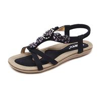 ZAPZEAL Women's Open Toe Sandals Summer Bohemia Rhinestone Flower Bead Folk Sandals Boho Beach Flip Flops Elastic T-Strap Post Thong Flat Sandals Shoes Size EU 41 = 9 UK Black