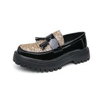 ZARAPLUS Men's Tassel Loafers PU Patent Leather Platform Slip-On Shoes Chunky Lug Sole Penny Loafers for Business Casual Party,Black Gold,6 UK