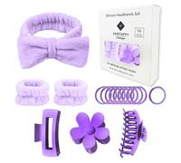 Zaritaffy 16pcs Skincare Headband Set, Headband Set for Face Washing Spa and Makeup, Including 1 Hairband, Wristband, 3 Hair Claw Clips and 10 Hair Ties, with Box, Gift for Women and Girls, Purple