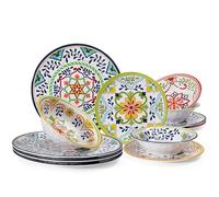 ZAROCRUS 12 pcs Talavera Melamine Dinnerware Set, Service for 4 Melamine Plates and Bowls Set, Unbreakable Dishes Dinnerware Set, Great for RVs, Camping, BPA Free and Dishwasher Safe