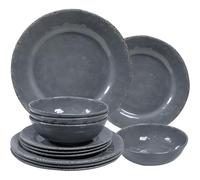 ZAROCRUS 12 Pcs Vintage Melamine Dinnerware Sets, Durable Set Of 4 Plates and Bowls Set, Lightweight Dishes Dinnerware Sets for Indoor and Outdoor Use, BPA Free,Cool Gray