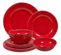 ZAROCRUS 12 Piece Farmhouse Melamine Dinnerware Sets, Service For 4 Rustic Crackled Plates and Bowls Sets, Melamine Dishes Set for Christmas,Wedding, Set of 4 Camping Dishes, Red