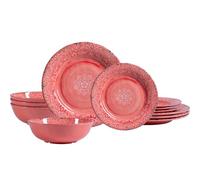 ZAROCRUS 12-Piece Melamine Dinnerware Set Includes 4 Dinner Plates, 4 Salad Plates, 4 Bowls - Elegant Unbreakable and BPA Free Dish Set, Service for 4, Perfect for Indoor/Outdoor Dining,Red