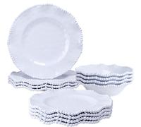 ZAROCRUS 12-Piece White Beaded Melamine Dinnerware Sets - Chip-Resistant Plates & Bowls, Farmhouse Dining Set includes 4 dinner, 4 Salad and 4 Bowl - Ideal for RV, Cabin, Daily Use