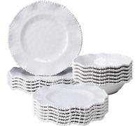 ZAROCRUS Creamy Beaded Melamine Dinnerware Sets, Set of 6,18 piece Plates and Bowls Set, Lightweight, Durable, BPA-Free Scalloped Rim Dishes Set for Indoor & Outdoor Use