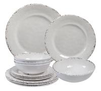 ZAROCRUS Farmhouse Melamine Dinnerware Set, 12 Piece Dinnerware, Service for 4 Light Kitchen Plates and Bowl Sets, Great for Casual Dinners and Outdoor Parties Camping or RVs, White