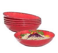 ZAROCRUS Farmhouse Melamine Pasta Bowls Set of 6, 42 OZ Large Serving Bowls Set, 9.25 inch Ramen Bowls,Wide and Shadow Rustic Red Round Dinner Bowl, Fruit bowl, Noodle Bowl, Salad Bowl Set, Red…