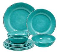 ZAROCRUS Farmhouse Melamine Plates and Bowls Set, Set of 4 BPA Free 100% Melamine 12 Piece Vintage Dishes Dinnerware Sets,Dishwasher Safe, Teal