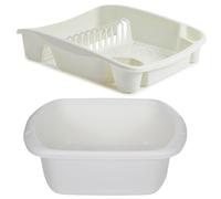 ZARVICZONIA Rectangular Washing up Bowl Large With Plastic 12 Bays Dish Drainer with Cutlery Holder, Dish Drainer Plate and Cutlery Tray Rack, Kitchen Sink Utensil Holder Stand (Cream/Ivory)