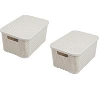 ZARVICZONIA Set Of 2 Stylish Rattan Storage Baskets with Lids - Durable Plastic Wicker Effect in Grey, Cream & Charcoal - Versatile for Bathroom, Kitchen, Office & More (Cream, 7L)