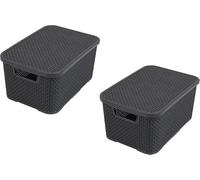 ZARVICZONIA Set Of 2 Stylish Rattan Storage Baskets with Lids - Durable Plastic Wicker Effect in Grey, Cream & Charcoal - Versatile for Bathroom, Kitchen, Office & More (Charcoal, 7L)
