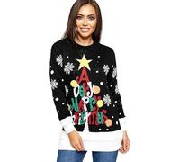 ZARVICZONIA Women's Knitted A Very Merry Christmas Novelty Long Sleeve Christmas Jumper - Festive Santa & Xmas Tree Ladies Sweater with 3D Pom Pom (UK, Numeric, 18, Regular, Regular, Black)