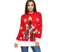 ZARVICZONIA Women's Knitted A Very Merry Christmas Novelty Long Sleeve Christmas Jumper - Festive Santa & Xmas Tree Ladies Sweater with 3D Pom Pom (UK, Numeric, 18, Regular, Regular, Red)