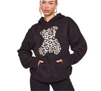 ZARVICZONIA Women's Oversized Teddy Bear Leopard Print Jumper Sweatshirt Hoodie (UK, Numeric, 16, Regular, Regular, Black)