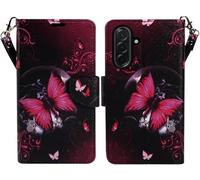 Zase Design for Samsung Galaxy S25 FE (Fan Edition) Wallet Phone Case Protective Cover [RFID Blocking] PU Leather Purse ID Credit Card Slot Wrist Strap Magnetic Lock Kickstand (Black Pink Butterfly)