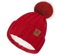 ZASFOU Women Winter Beanie Hats Knit Pompom Slouchy Beanies Fleece Lined Womens Hat Skull Cap Cold Weather Gifts for Women Red