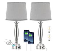 ZASTION Lamps for Bedrooms Set of 2 - Touch Control Bedside Lamp with USB C+A, 3 Way Dimmable Nightstand Lamps with USB Port, Brushed Nickel Table Lamp for Living Room Guest Room Bed Side End Table