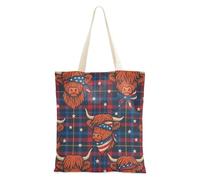 Zathe Medium Canvas Tote Patriotic Tartan Highland Cow Canvas Bag for Women Friend Birthday Gifts Plain Tote Bags