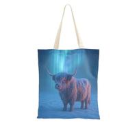 Zathe Shoulder Bags Mountain Cow Under the Northern Lights Seamless Wallpaper Canvas Shoulder Bag With Pockets Cute Gifts Blank Shoulder Bags