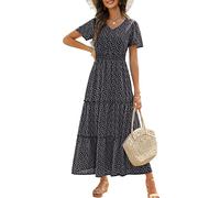 Zattcas Womens 2025 Long Summer Dress Short Flutter Sleeve V Neck Casual Smocked Tiered Modest Floral Boho Maxi Dress, F-black, XL