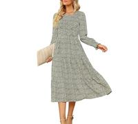 Zattcas Womens Fall Dresses 2025 Casual Long Sleeve Smocked Boho Floral Tiered Midi Wedding Guest Dress with Pockets, M-olive, L