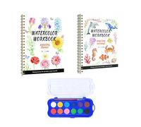 zatyorg 2 pcs Watercolour Workbook, Water Colouring Books with 12 Color Watercolour Paints Set & Brush for Beginner Adult, Arts & Crafts Gift (Flowers & Marine Animals Theme)