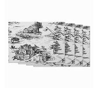Zaueky Place Mat Set of 4 Old Village Cotton Linen Placemats Town Black and White Fishing Ancient Toile Countryside Non-Slip Washable Durable Table Mats 12X18 Inches