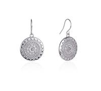 Zavana Round Disc Mandala Earrings, Silver Dangly Earrings with Silver Mandala Disc, Cute Earrings for women and Teenage Girls with Shiny Mandala Charm, Quality Fashion Jewellery for Women.
