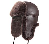 Zavelio Unisex Shearling Sheepskin Leather Aviator Russian Ushanka Trapper Winter Fur Hat, Brown, L