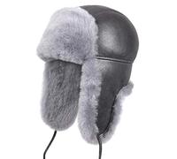Zavelio Unisex Shearling Sheepskin Leather Aviator Russian Ushanka Trapper Winter Fur Hat, Light Blue, M