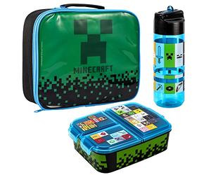 Zawadi Global Minecraft Kids Childrens Lunch Box Set - Insulated Lunch Bag, Multicompartment Lunch Box & 540ml Water Bottle - School Travel Lunch Food Set, BPA Free