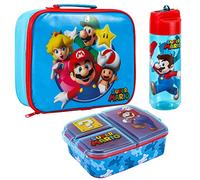 Zawadi Global Super Mario Kids Childrens Lunch Box Set - Insulated Lunch Bag, Multicompartment Lunch Box & 580ml Water Bottle - School Travel Lunch Food Set, BPA Free