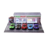 ZAWALUD 1/64 Scale Diecast Toy Car Storage: Display Case for Hot Wheels Garage & Matchbox - Art Deco Mini Mart Theme, Parking Garage Diorama with LED Lights and 5 Outdoor Parking Space
