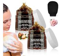 Zawina Morocco Black Beldi Soap, Morocco Black Soap with Argan and Rose, Moroccan Body Scrub with Exfoliating Glove, Deeply Cleanse the Body, Moisturize and Exfoliate the Skin (2PCS)