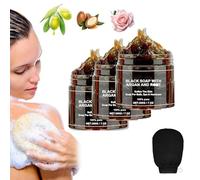 Zawina Morocco Black Beldi Soap, Morocco Black Soap with Argan and Rose, Moroccan Body Scrub with Exfoliating Glove, Deeply Cleanse the Body, Moisturize and Exfoliate the Skin (3PCS)