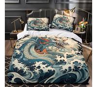ZAWPPEUIO 3D Design Printed 3 Pieces Bedding Set Bedroom Decor Super Mythical Dragon Comforter Cover Easy Care Machine Washable for Boys,Kids,Women Japanese Woodblock Quilt Cover Single（135x200cm）