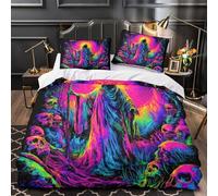 ZAWPPEUIO 3D Design Printed 3 Pieces Bedding Set Room Decor Zipper Super Soft Death Figure Comforter Cover Durable Machine Washable for Kids,Teens,Women neon Surreal Quilt Cover Single（135x200cm）