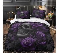 ZAWPPEUIO 3D Design Printed 3PCs Bedding Set Room Decor Zipper Closure Super Purple Skull Roses Quilt Cover Durable Anti-allergic for Adults,Women,Kids Gothic Floral Duvet Cover Super king（260x220cm）