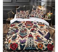 ZAWPPEUIO 3D Print 3-Piece Bedding Set Room Decor Zipper Closure Ultra Tattoo Comforter Cover Breathable Wrinkle-Resistant for Kids,Teens,Boys traditional Tattoo Quilt Cover Double（200x200cm）