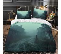 ZAWPPEUIO 3D Printed 3PCs Bedding Set Bed Decor Zipper Closure Extra Old Village Street Comforter Cover Durable Anti-allergic for Kids,Teens,Adults mystical Foggy Quilt Cover Single（135x200cm）