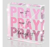 zaxek Pink Inspirational Decor Pray Over It Bible Verse Wall Art Christian Gifts for Women, 4x 4 Inches Office Desk Accessories Decor Sign, Pink Dorm Room Decor for Women - Pray on it Pray through it