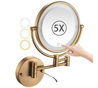 Zayeksole Screen Touch Dimming Wall Mounted Makeup Mirror with Magnification, 3 Color Lights, 2-Sided 1X/5X Swivel Extendable LED Vanity Mirror,Brass,Hardwired