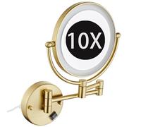 Zayeksole Wall Mounted Lighted Makeup Mirror, Plug-In Double Sided Magnifying LED Vanity Mirror, 360° Rotation Foldable Extended Arm,Brushed Gold,10X