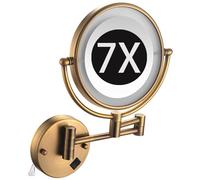 Zayeksole Wall Mounted Makeup Mirror with Light, Hardwired Double Sided Magnifying LED Vanity Mirror, 360° Rotation Foldable Extended Arm,Brass,7X