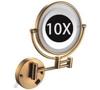 Zayeksole Wall Mounted Makeup Mirror with Light, Hardwired Double Sided Magnifying LED Vanity Mirror, 360° Rotation Foldable Extended Arm,Brass,10X