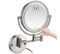 Zayeksole Wall Mounted Makeup Mirror with Lights, Screen Touch Dimming 2-Sided Magnifying Mirror, 360 Swivel Foldable LED Brushed Nickel Bathroom Vanity Mirror,Hardwired,3X